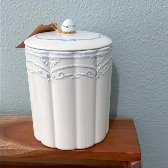 White Ceramic Canister with Pale Blue Trim - Picture 3 of 7